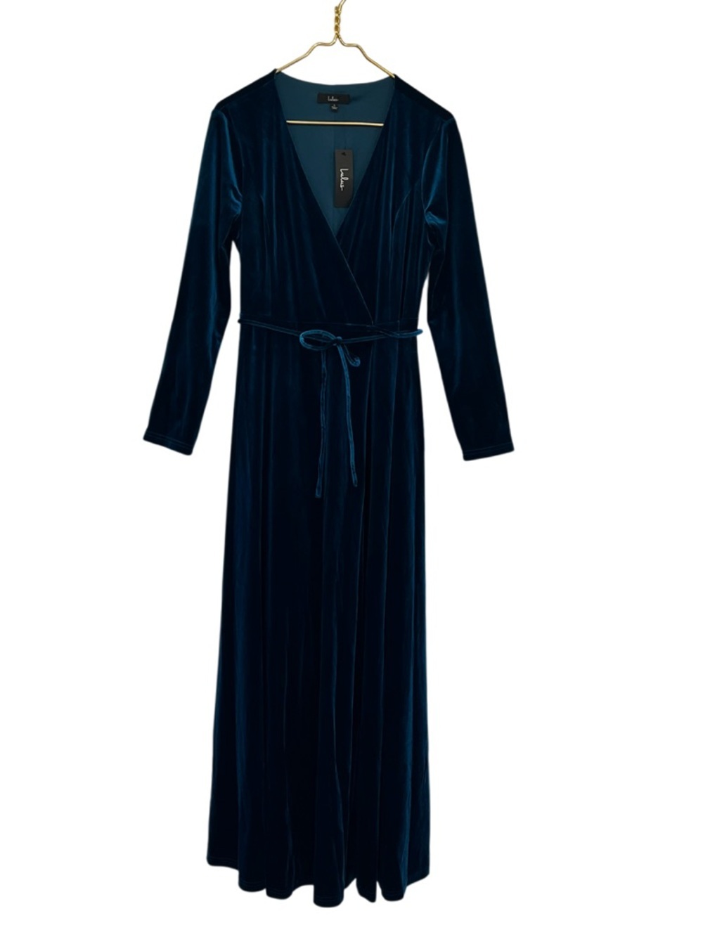 Lulus Jacinda Velvet Wrap Formal Maxi Dress Teal Long Sleeve Gown Size L NWT - Picture 2 of 12